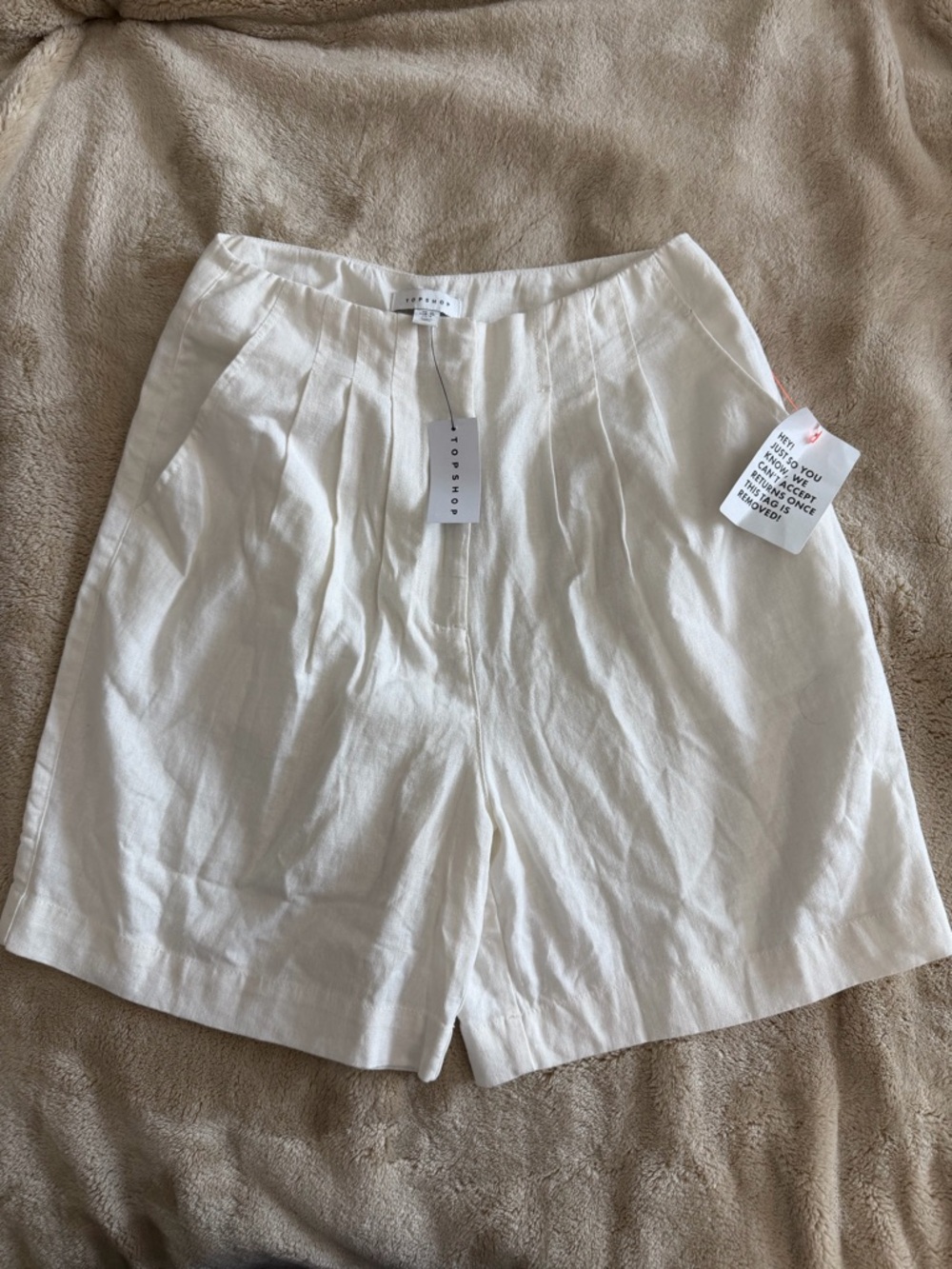 Topshop Cream High-Waist Pleated Shorts